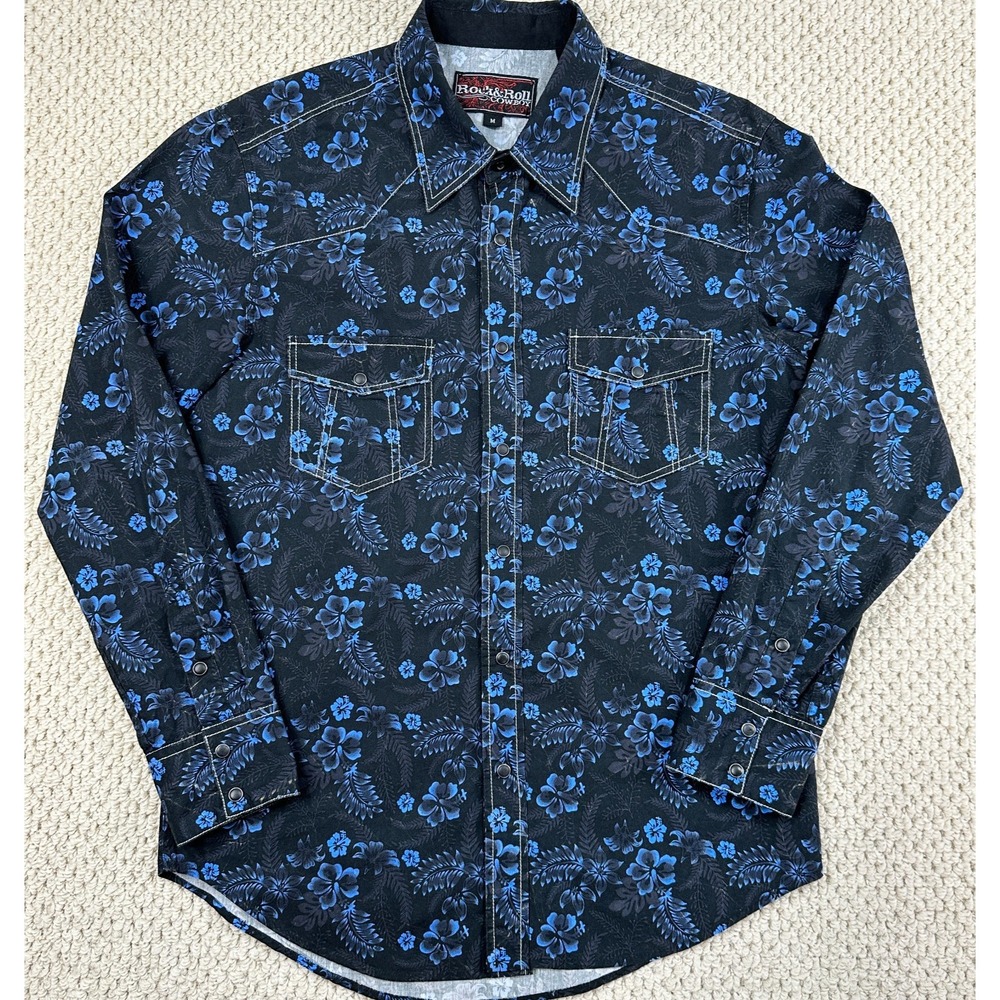 Rock & Roll Cowboy Shirt Mens M Black Blue Pearlsnap Floral Western Button Up